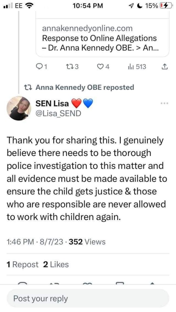 Sen Lisa (twitter) @Lisa_Send
Thank you for sharing this. I genuinely believe there needs to be through police investigation to this matter and all evidence must be made available to ensure the child gets justice & those who are responsible are never allowed to work with children again. 