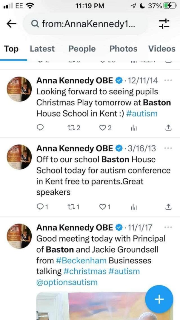 Anna Kennedy OBE
• 12/11/14
Looking forward to seeing pupils
Christmas Play tomorrow at Baston House School in Kent:) #autism
172
02
ili
Anna Kennedy OBE
• 3/16/13
Off to our school Baston House
School today for autism conference in Kent free to parents.Great speakers
91
171
01
ill
企
Anna Kennedy OBE
• 11/1/17
Good meeting today with Principal of Baston and Jackie Groundsell from #Beckenham Businesses talking #christmas #autism @optionsautism