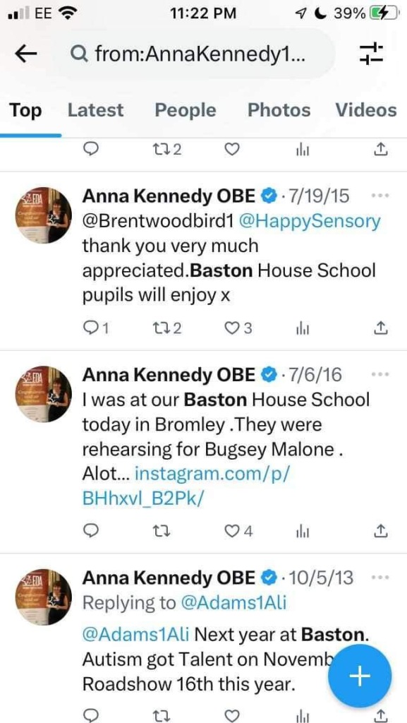 Anna Kennedy OBE •
2・71915
@Brentwoodbird1 @HappySensory thank you very much
appreciated.Baston House School pupils will enjoy x
172
山ll
Anna Kennedy OBE 0 • 7/6/16
I was at our Baston House School today in Bromley .They were rehearsing for Bugsey Malone.
Alot... instagram.com/p/
BHhxvl_B2Pk/
04
11l
Anna Kennedy OBE @ • 10/5/13
Replying to @Adams1Ali
@Adams1Ali Next year at Baston.
Autism got Talent on Novemb
Roadshow 16th this year.
+