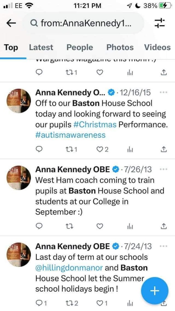 Anna Kennedy O...
•• 12/16/15
Off to our Baston House School today and looking forward to seeing our pupils #Christmas Performance.
#autismawareness
171
02
ill
Anna Kennedy OBE • •7/26/13
West Ham coach coming to train pupils at Baston House School and students at our College in September:)
Anna Kennedy OBE ® • 7/24/13
Last day of term at our schools @hillingdonmanor and Baston House School let the Summer school holidays begin !