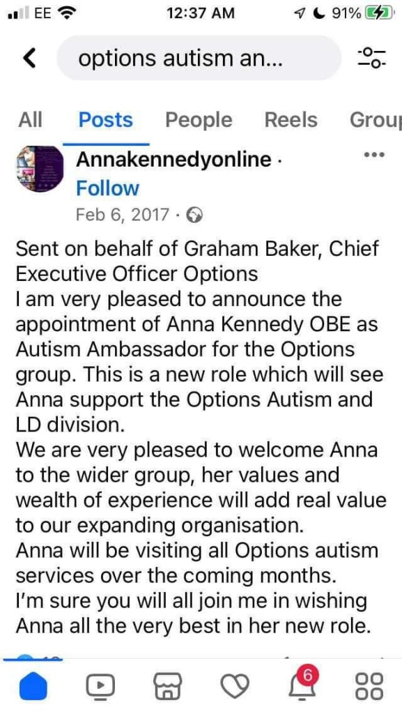 Annakennedyonline • Follow
Feb 6, 2017 • 0
Sent on behalf of Graham Baker, Chief Executive Officer Options
I am very pleased to announce the appointment of Anna Kennedy OBE as Autism Ambassador for the Options group. This is a new role which will see Anna support the Options Autism and LD division.
We are very pleased to welcome Anna to the wider group, her values and wealth of experience will add real value to our expanding organisation.
Anna will be visiting all Options autism services over the coming months.
I'm sure you will all join me in wishing Anna all the very best in her new role.